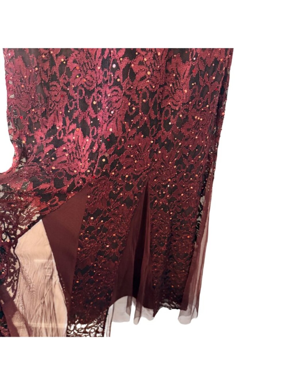Candalite Burgundy Lace Formal Gown Sequins/ Matching Bolero Jacket Size L Set - Picture 10 of 12